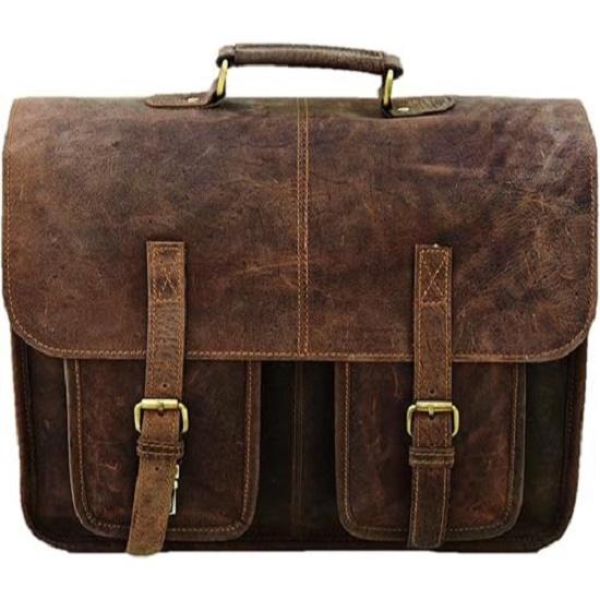 New Mens Messenger 16 Inch Vintage Genuine Leather Briefcase Large Computer Laptop Satchel Shoulder Bag, Brown