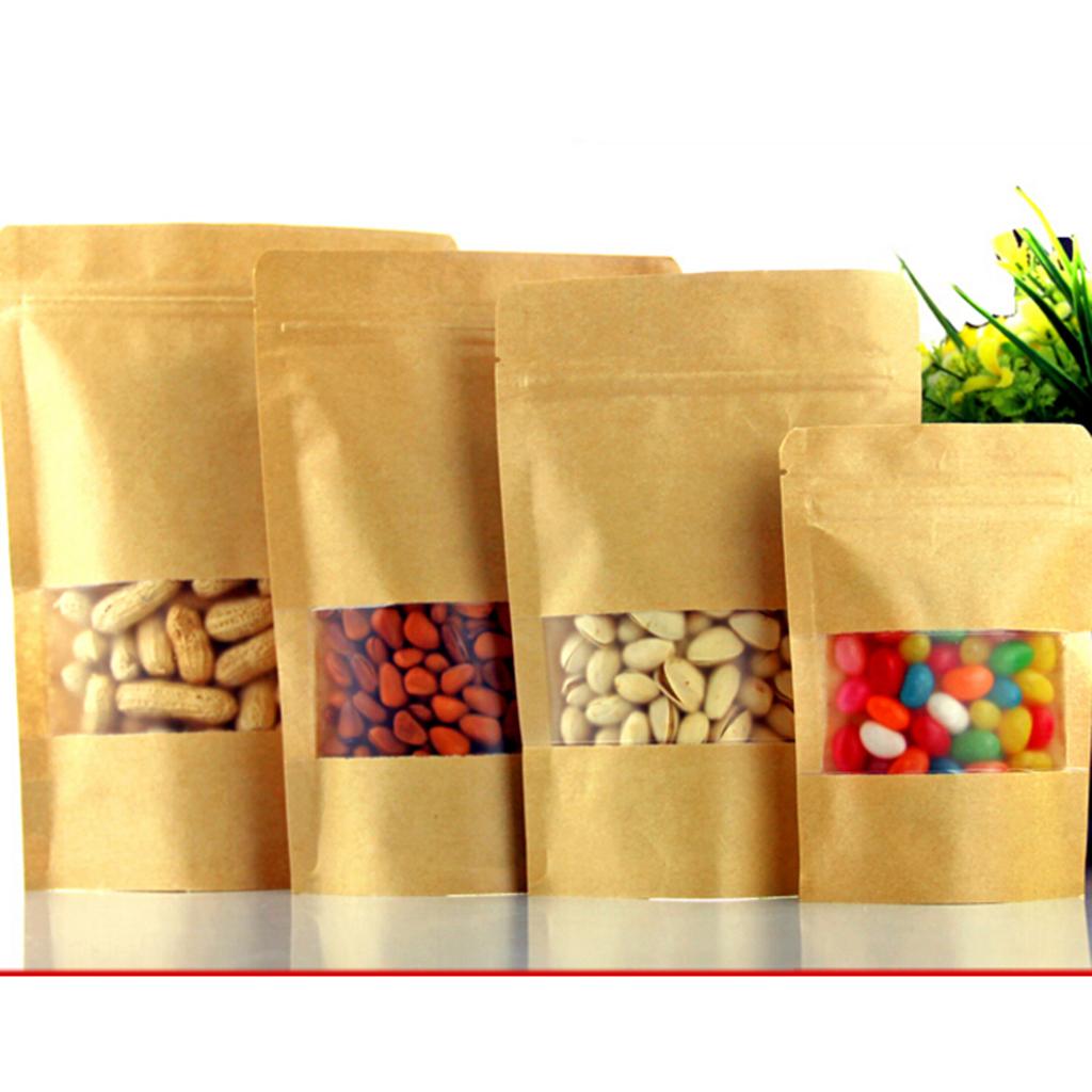 50x крафт-бумажный пакет Stand Up Pouch для пищевых продуктов с застежкой-молнией, самозапечатывающийся с окошком