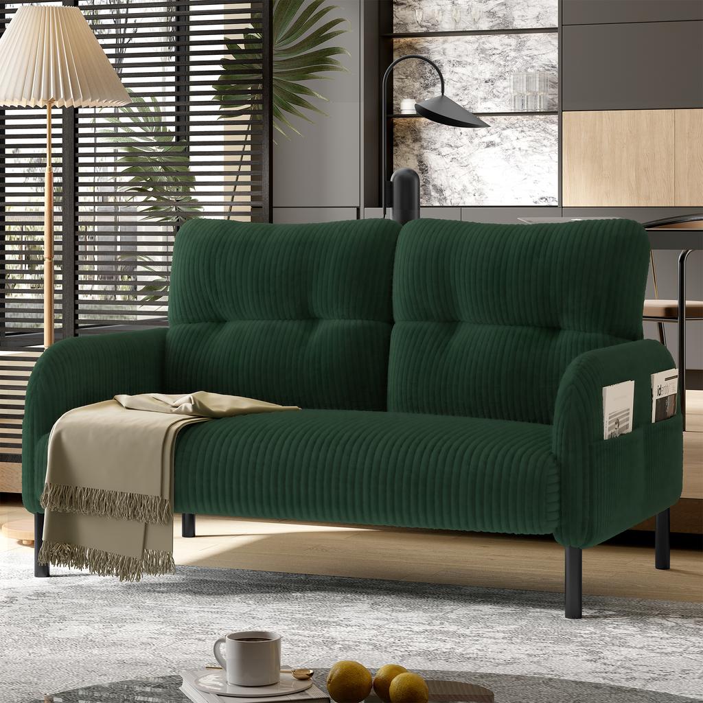 Corduroy Two-Seater, Comfort Upholstery, High Backrest & Side Pockets, Metal Feet, Inviting Softness, Optimal Support, Perfect for Home Office Lounges