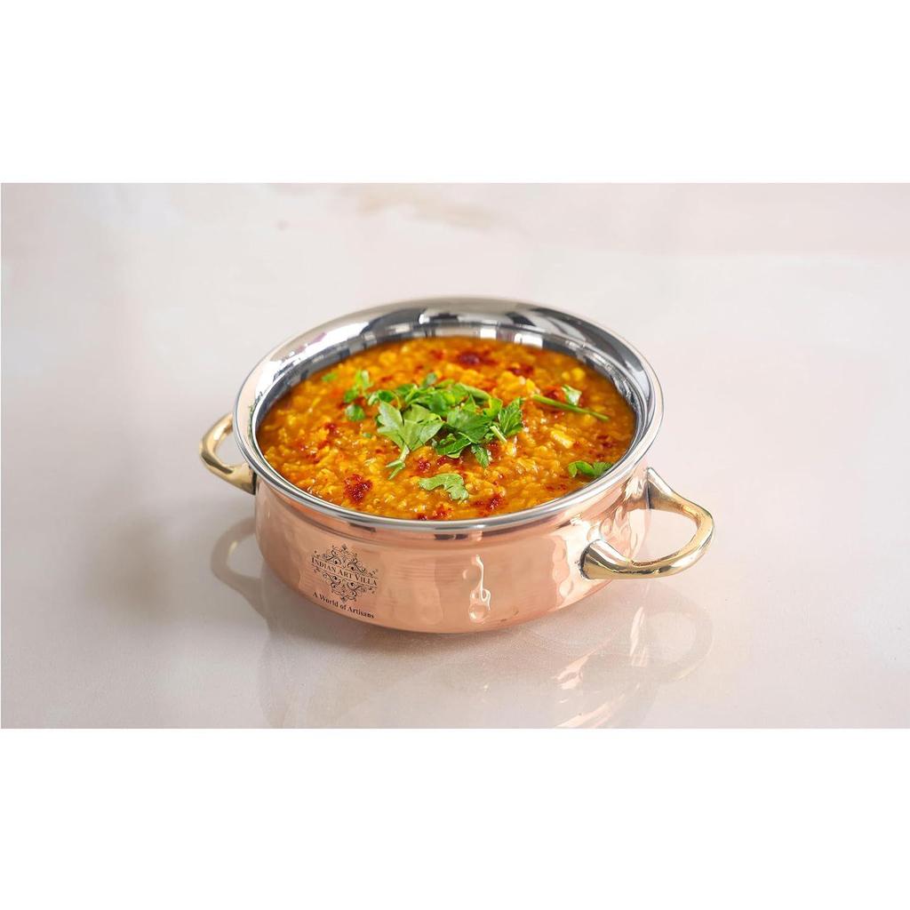 Steel Copper Handi with Brass Handle & Glass Lid No. 3, Serveware Casserole with Handle (Volume - 700 Ml)