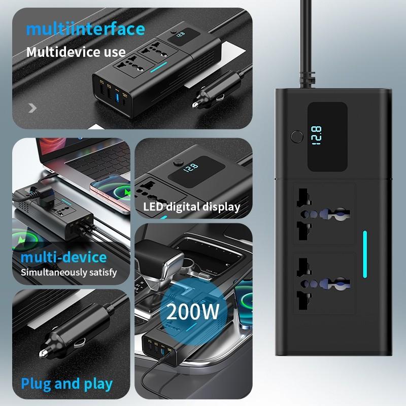 Автомобильный инвертор питания 200 Вт с цифровым дисплеем 12 В в 220-240 В переменного тока Универсальная розетка USB-C USB-A QC3.0 PD Быстрая зарядка
