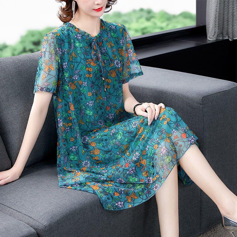 Summer Mother Dress Fashion Short Sleeve Floral Print A-line Dress Large Size Middle-aged Women's Gauze Dresses