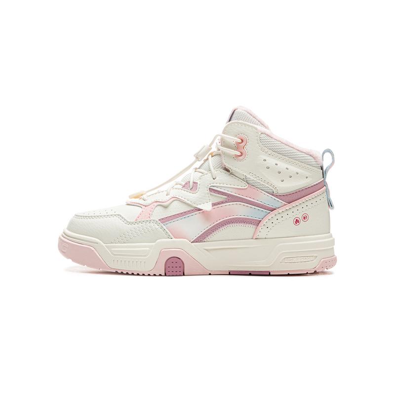 Li Ning Kids Versatile Non-Slip Wear-Resistant Rebound Lightweight Shock Absorbing High-Top Casual Shoes Kids Casual Shoes White Pink YKCU194-24