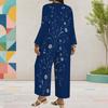 Women Plus Size Two Piece Pants Set Round Neck Long Sleeve Printed Dark Blue Layered Top Wide Leg Pants