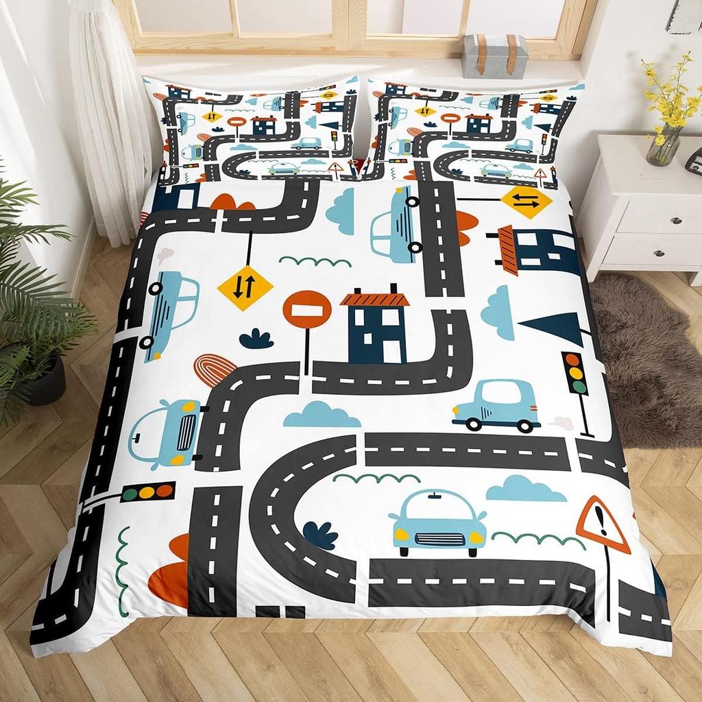 Мультяшные Машины Пододеяльник Односпальный Двуспальный Набор Постельного Белья Городские Дороги Нарисованный Вручную Грузовик Велосипед Чехол для Одеяла для Мальчиков Подростковая Комната Декор