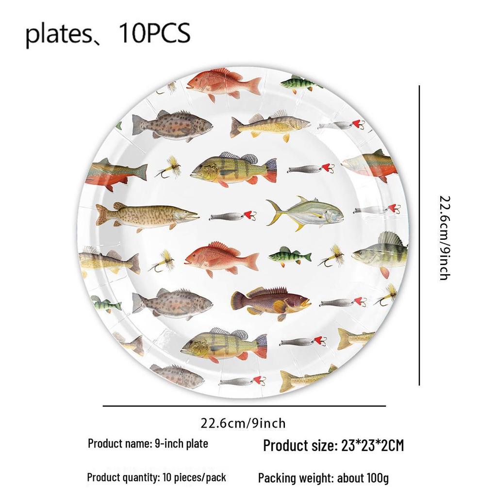 Принадлежности для тематической вечеринки «Рыбалка за границей»: Набор бумажных тарелок, флажков, салфеток и креативных украшений