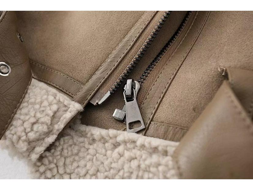 Women's Suede and Lambswool Motorcycle Jacket - Warm Fleece Coat for Autumn and Winter