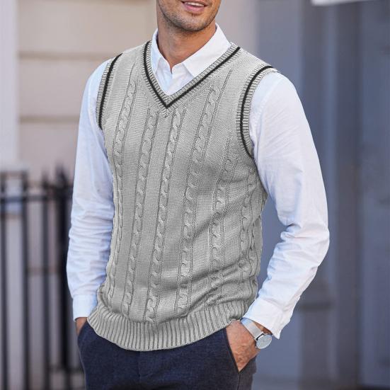 Мужской жилет свитер с V-образным вырезом без рукавов приталенный вязаный пуловер с цветными блоками приталенный