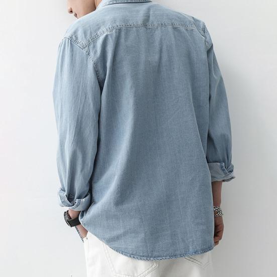 Мужская хлопковая джинсовая рубашка с длинным рукавом, повседневная рубашка с лацканами, однотонная, свободная