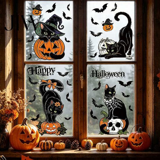 Seasonal Window Adsorption 4 Sheets Halloween Black Cat Clings, Spooky Pumpkin Reusable Sticker Sticker, Double Sided Static Decals for Glass