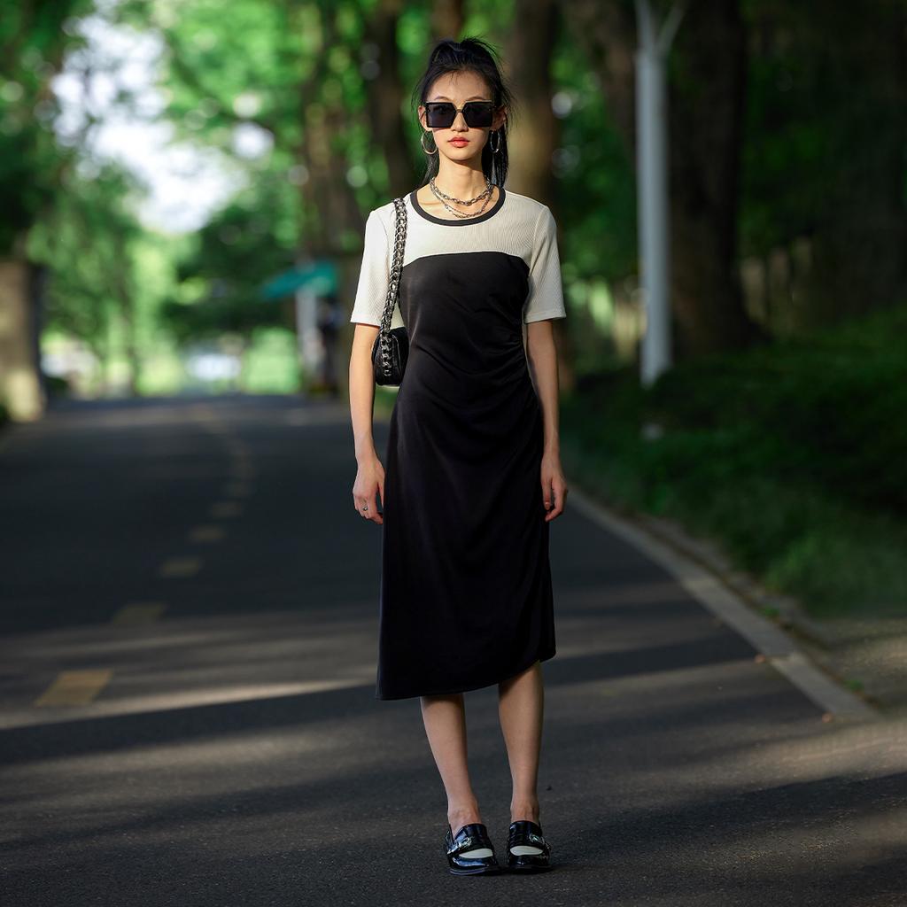 French Style Spliced Waist Cinching Short-Sleeved Dress