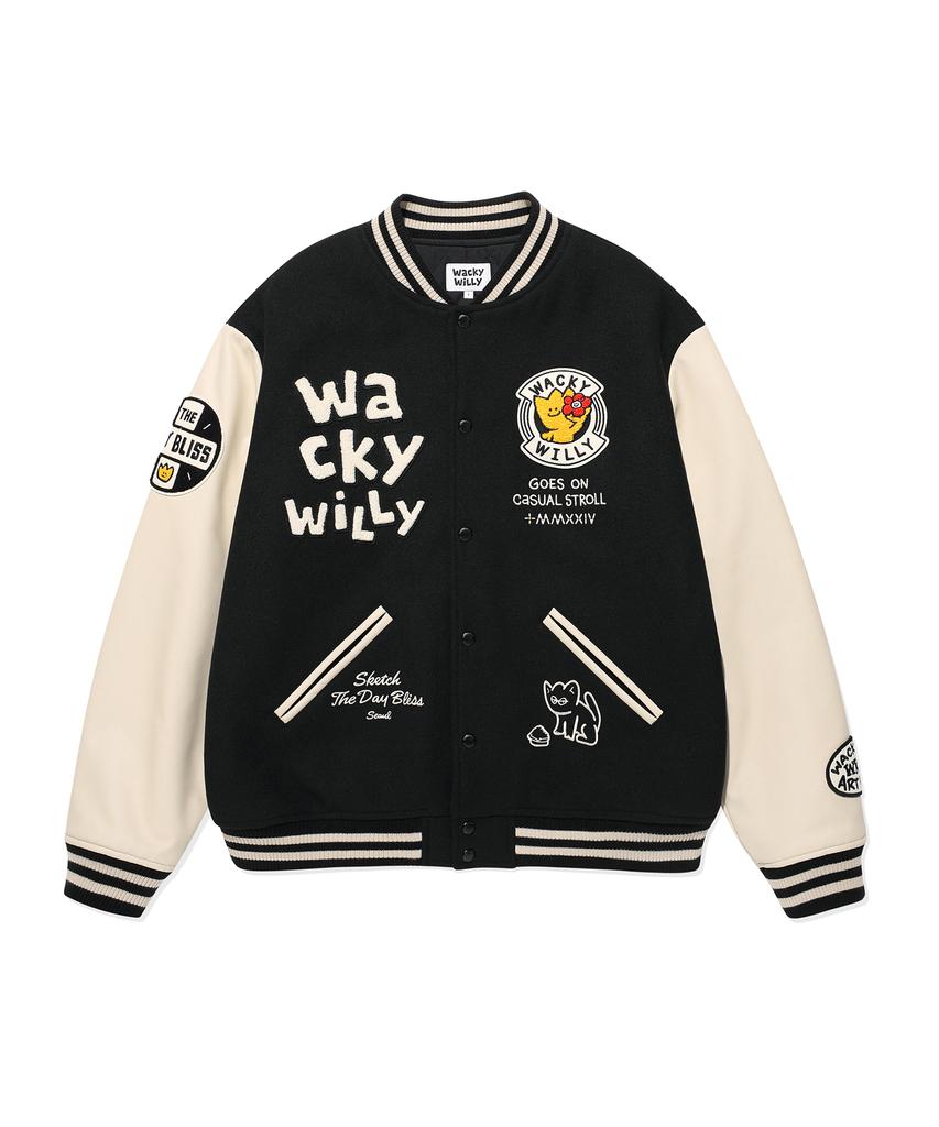 Wacky Willy Applique Varsity Jacket Black