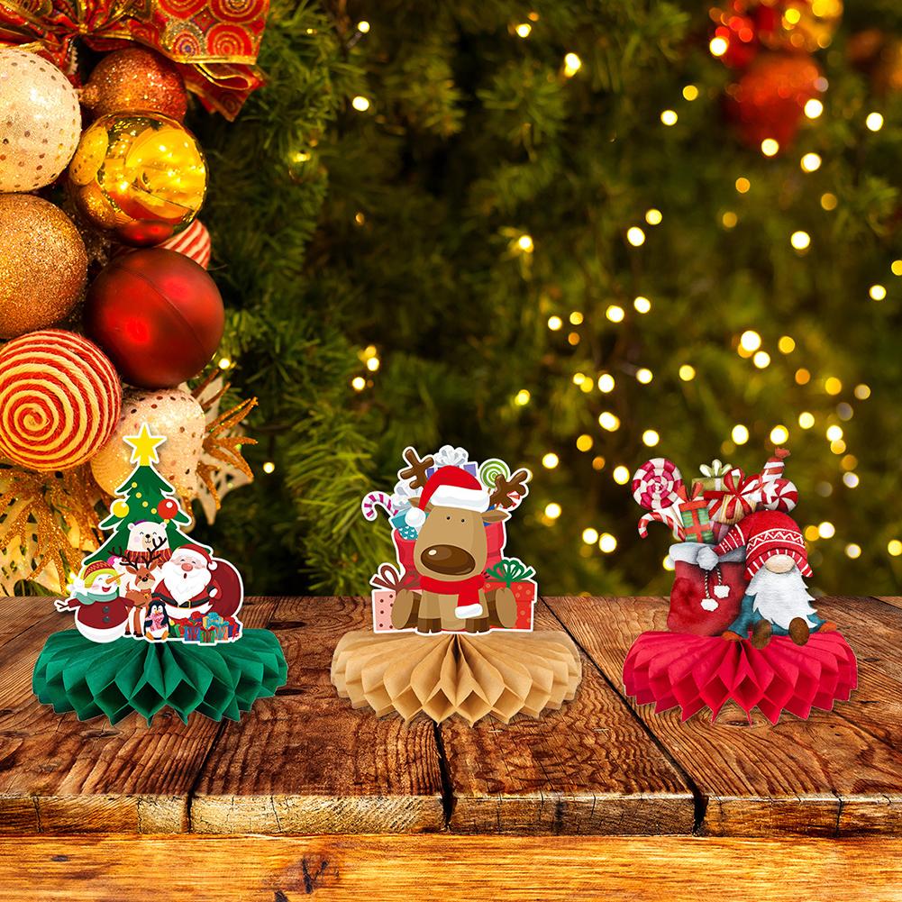 9pcs Christmas Honeycomb Centerpieces Ornaments With Santa Snowman Elk Design For Christmas Party Favors Table Decors