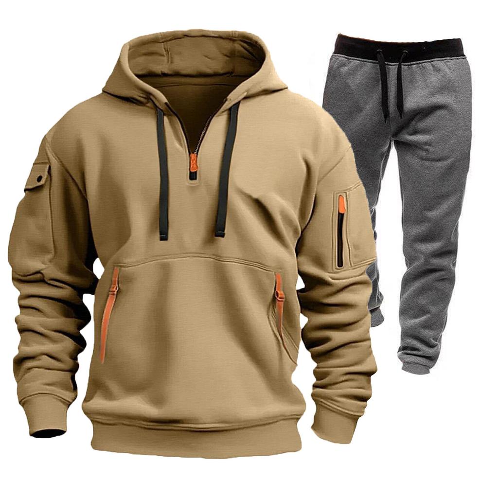Men's Winter Fleece Multi-pocket Zipper Sweatshirt Suit Personalized Casual Hoodie Suit