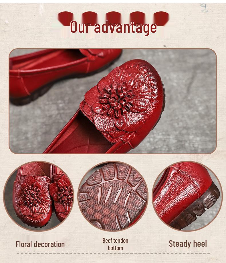 Women's Genuine Leather Non-slip Flat Shoes - Comfortable Round Toe for Middle-aged & Elderly