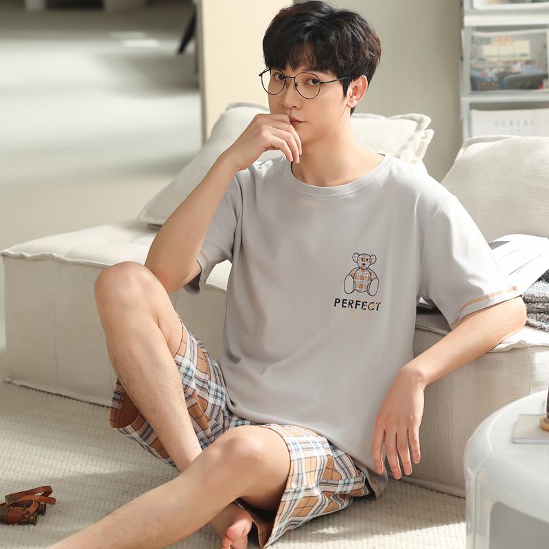 Letter Cotton Homewear for Men Summer Nightwear Shorts Short Sleeping Top Home Clothing Young Boy O Neck Pjs Loungewear Dropship