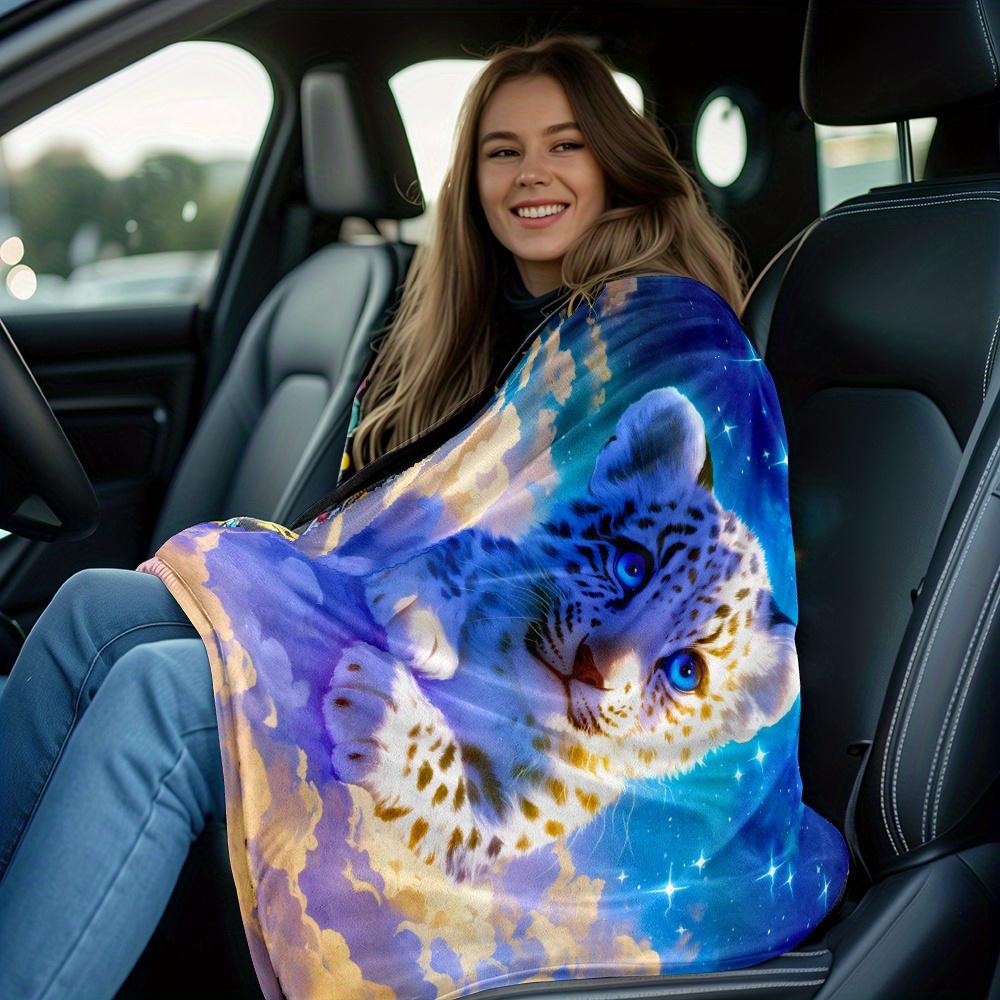 Snow Leopard Cub Flannel Blanket Starry Sky Clouds Background Blue Eyes Animal Art Soft Fleece Throw Dreamy Celestial DesignHome