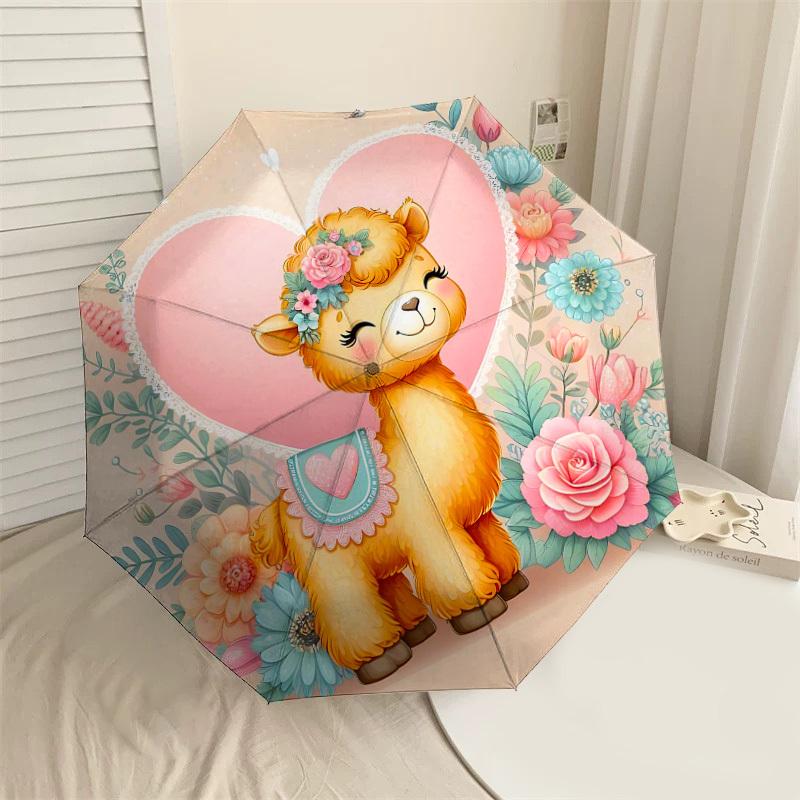 1pc Llama Flowers Automatic Open/Close Umbrella Compact Folding Umbrella with 8-Rib Shaft for Women/Men, Elegant Birthday1166S