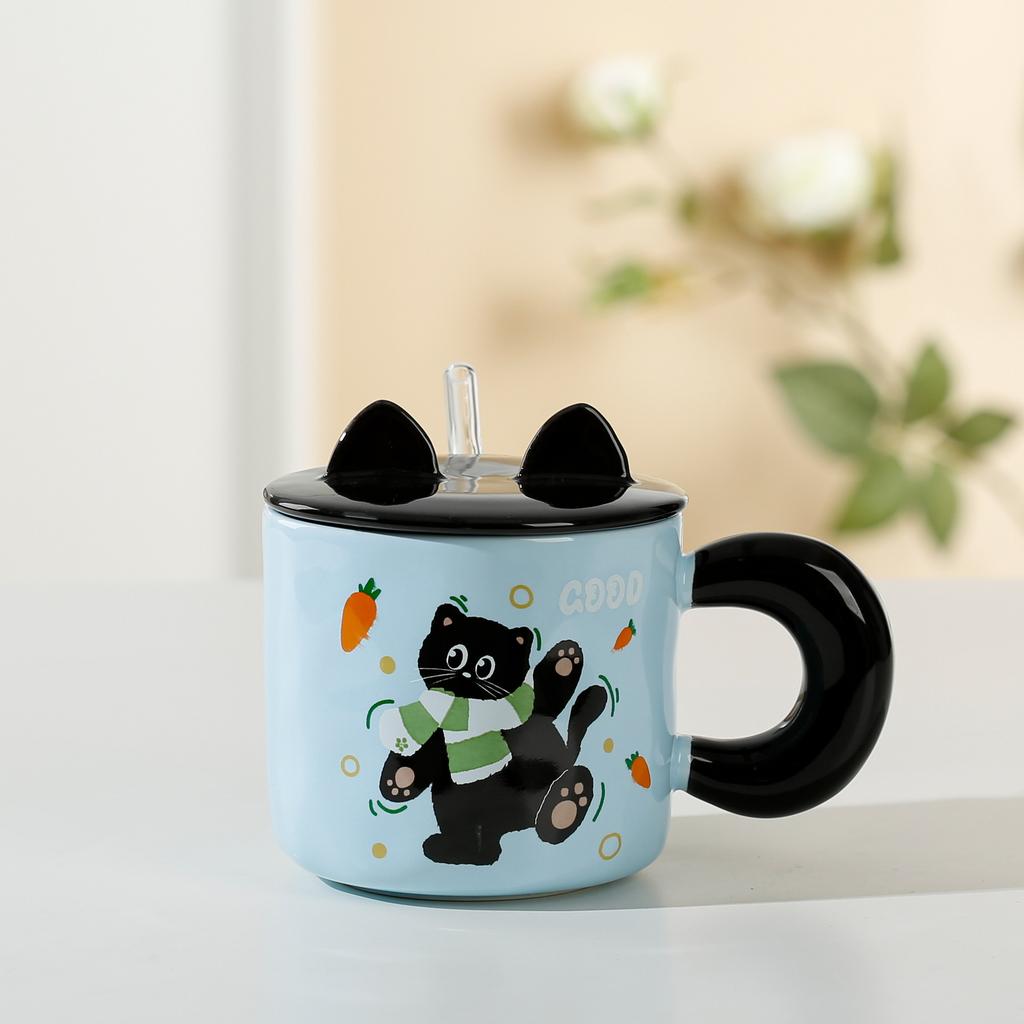 Рельефный котенок с крышкой, милый, высокий, девочка, керамический набор чашек, соломенная чашка, мультяшная кружка, открывающаяся в подарок