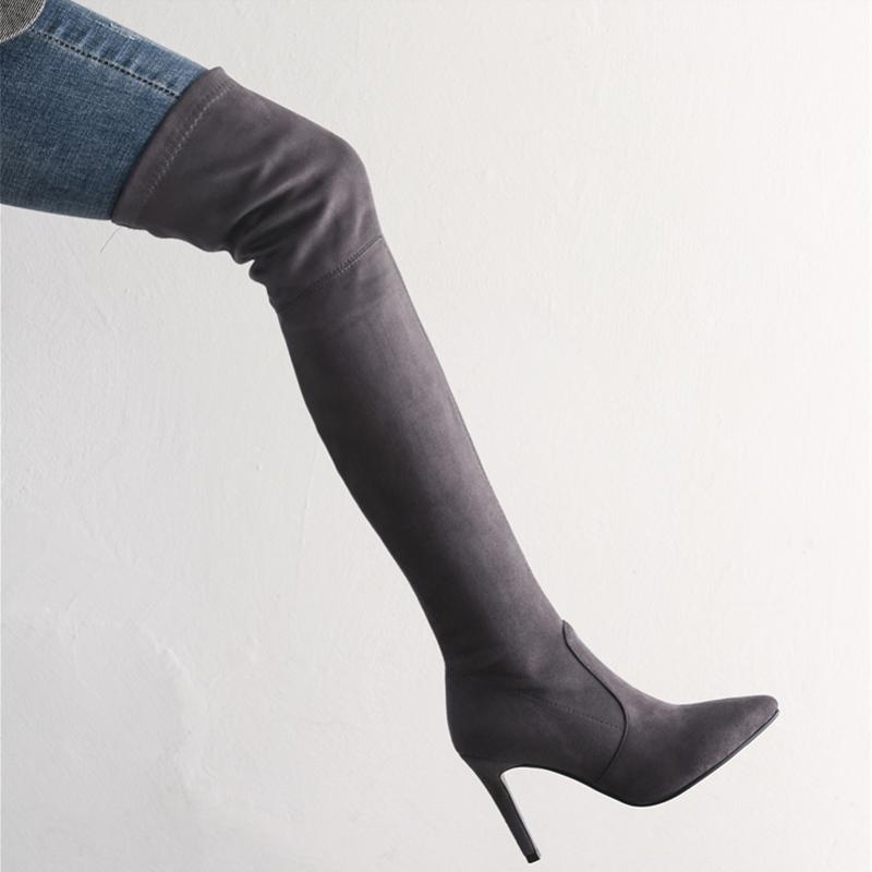 Эластичные высокие сапоги женские туфли на шпильках с высоким каблуком сексуальные сапоги выше колена женские остроносые длинные танцевальные туфли красные черные