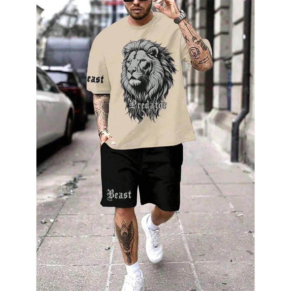 Fashion Lion King 3D Printed Men's Summer Animal Print Relaxed Fit Short Sleeve & Shorts 2-Piece Casual Sport Outfit Set