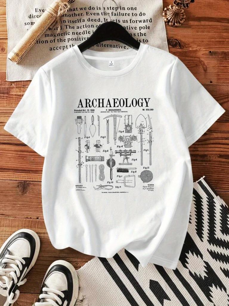 Unisexs shortsleeved crew neck Tshirt with an archaeological tool design perfect for casual summer wear stylish print design