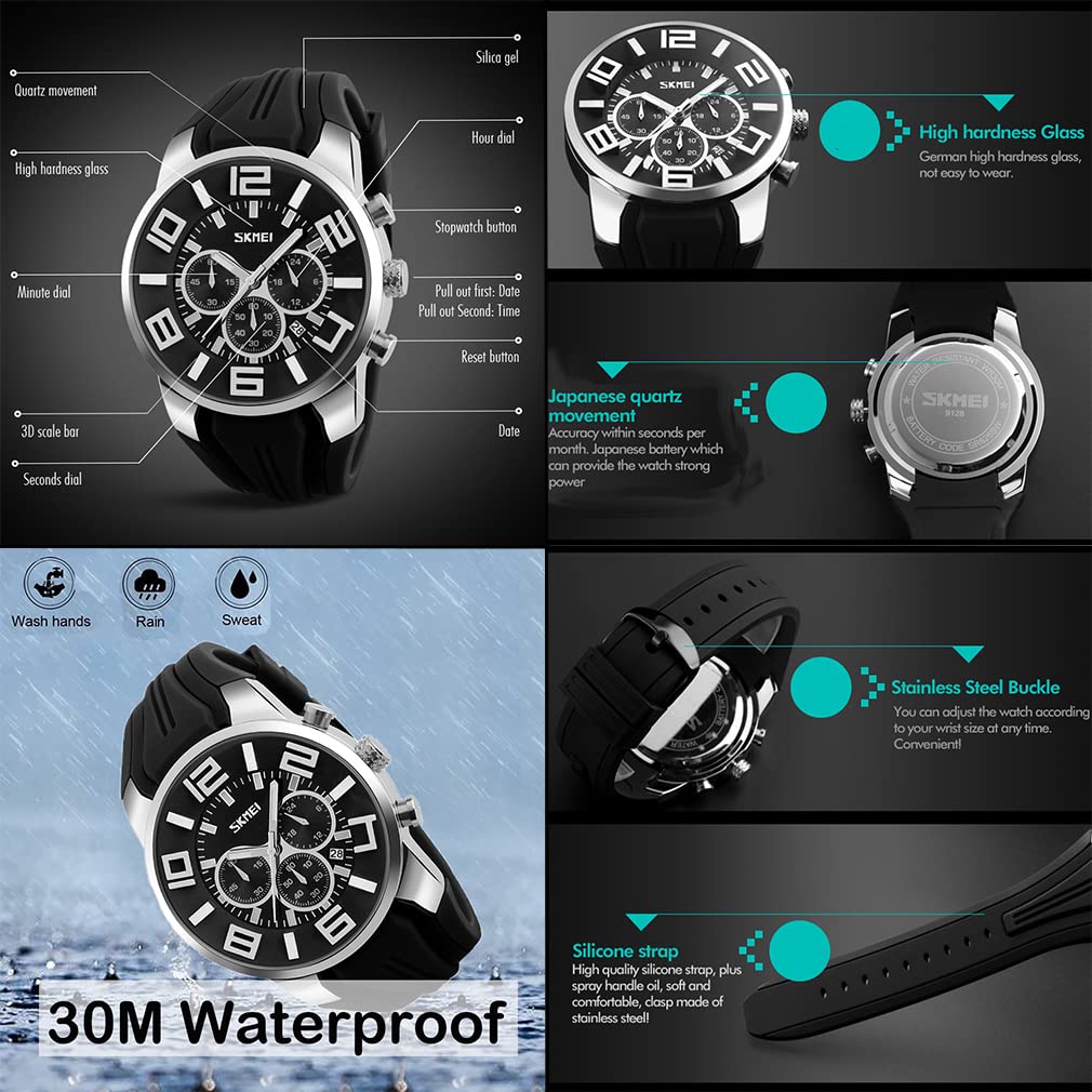 Silicone Fashionable Casual Sports Big Face Arm Watch Waterproof Chronograph Brand Analog Gentleman Watch Date Fluorescent Luxury Present Black Watch