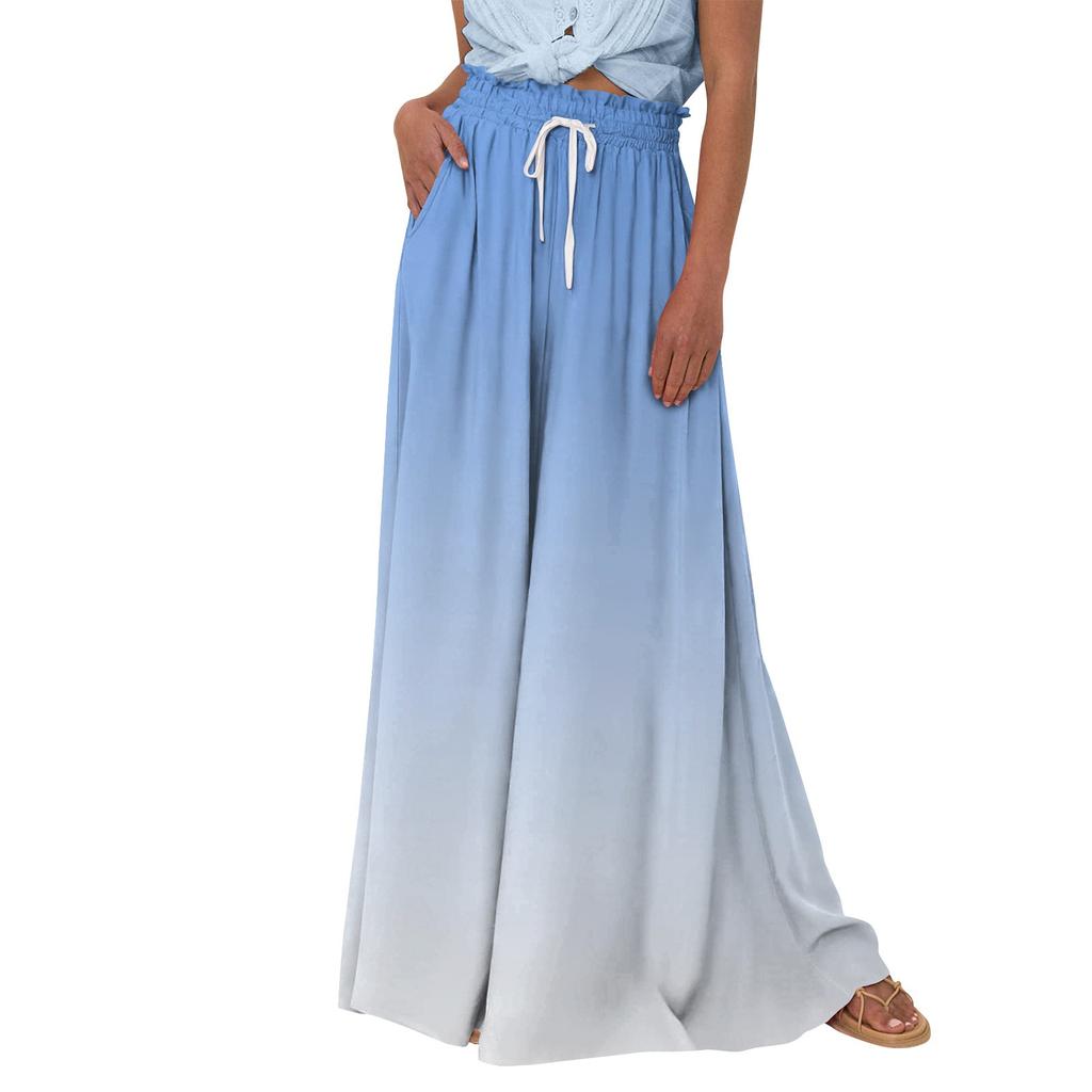 Женские широкие брюки с высокой талией, летние повседневные струящиеся брюки-палаццо, пляжные брюки с принтом и карманом