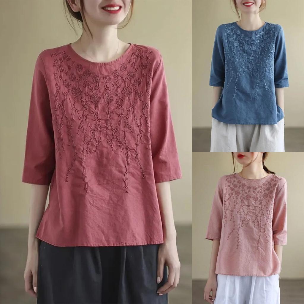 Women Casual T-shirts Summer Cotton Linen Vintage Style Floral Embroidery Loose Female Half Sleeve Tops Tees