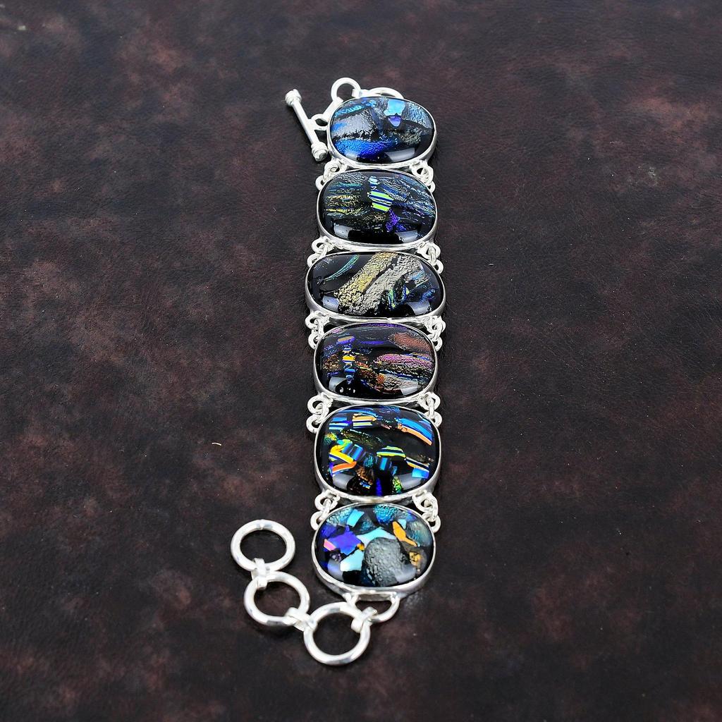 Браслет из американского дихроичного стекла Браслет из стерлингового серебра 925 пробы Регулируемый браслет-цепочка Браслет из драгоценных камней ручной работы Серебряные украшения для подарков