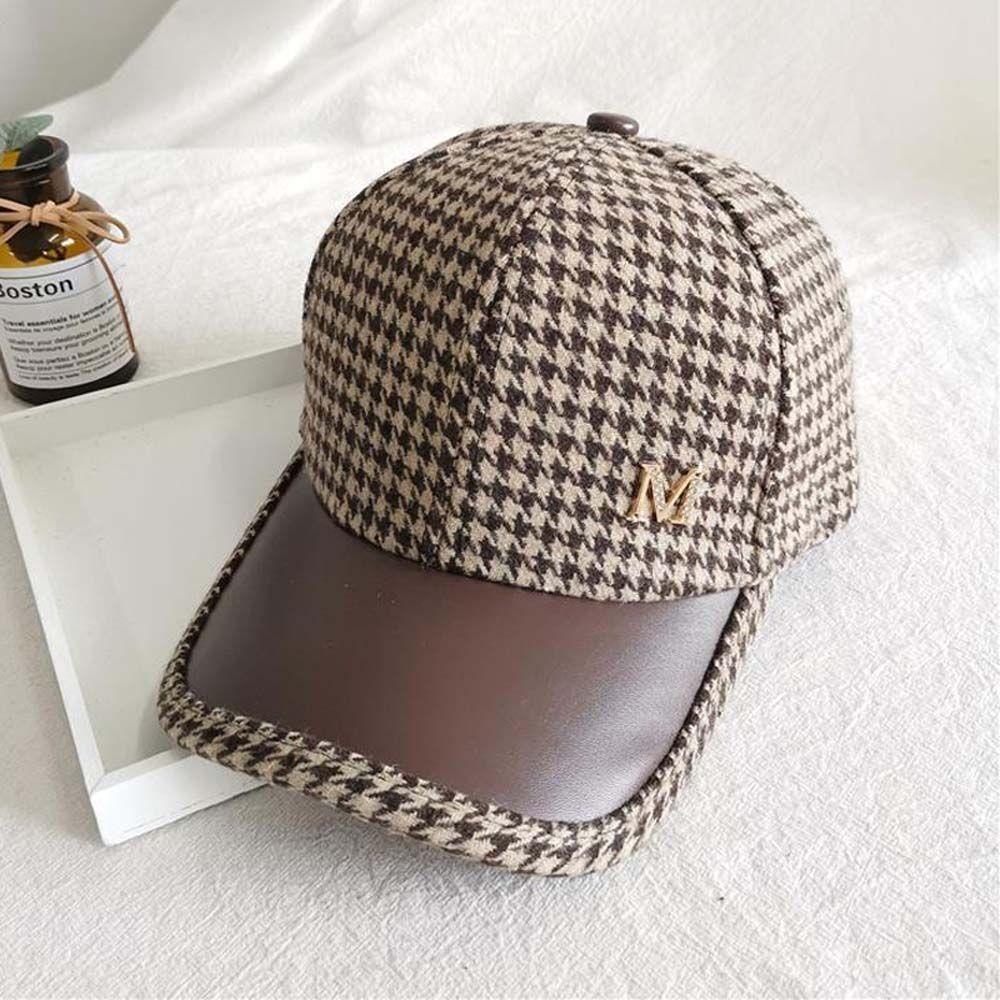 Adjustable Black Embroider Houndstooth Baseball Cap Korean Style Hat Face Cap Pu Leather Brim