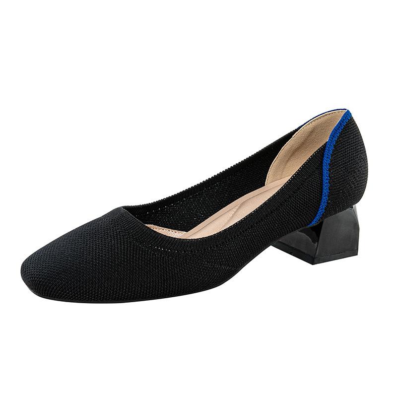 Туфли-лодочки для женщин на толстом блочном каблуке с квадратным носком, удобные вязаные туфли без застежек для ходьбы для женщин, повседневная нарядная обувь, классические офисные туфли на низком каблуке