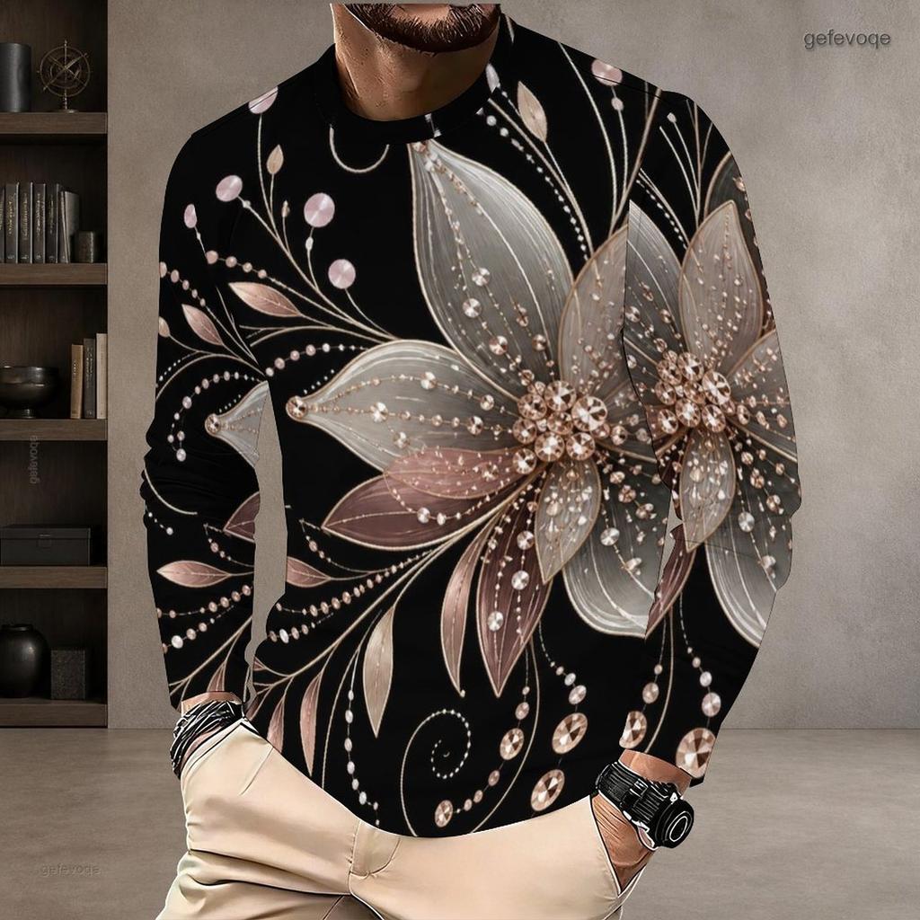 Men Plus Size Round Neck Long Sleeve White Gem Printed T Shirt Straight Hem Pullover