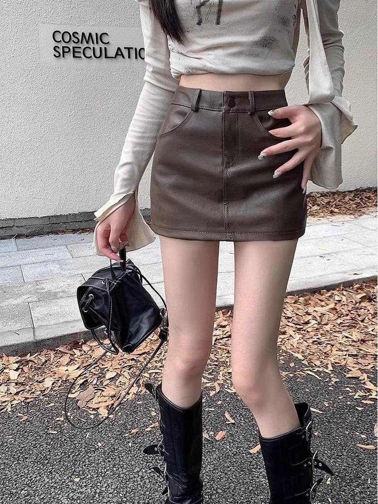 Black PU Midi Skirt: High Waist Textured A-line Bodycon Leather Skirt, Hot Girl Super Short, 2025 Spring Collection.