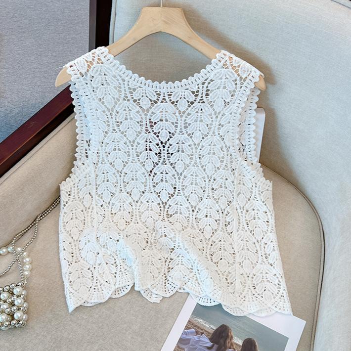 Женский жилет Вязание Кружево Круглый вырез Ажурный Летний стиль Базовые Короткие Топы Футболки Свободная одежда