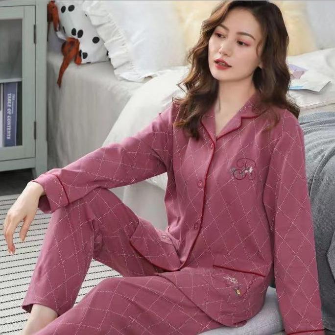 Женский комплект пижамы большого размера из хлопка - Кардиган с длинным рукавом, Двухпредметный, Идеально подходит для осени/весны