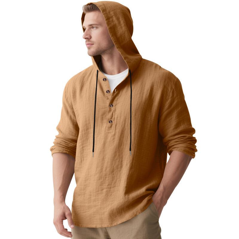 Мужская легкая льняная рубашка-henley с капюшоном, повседневная, с длинным рукавом, на пуговицах, со шнурком, однотонная
