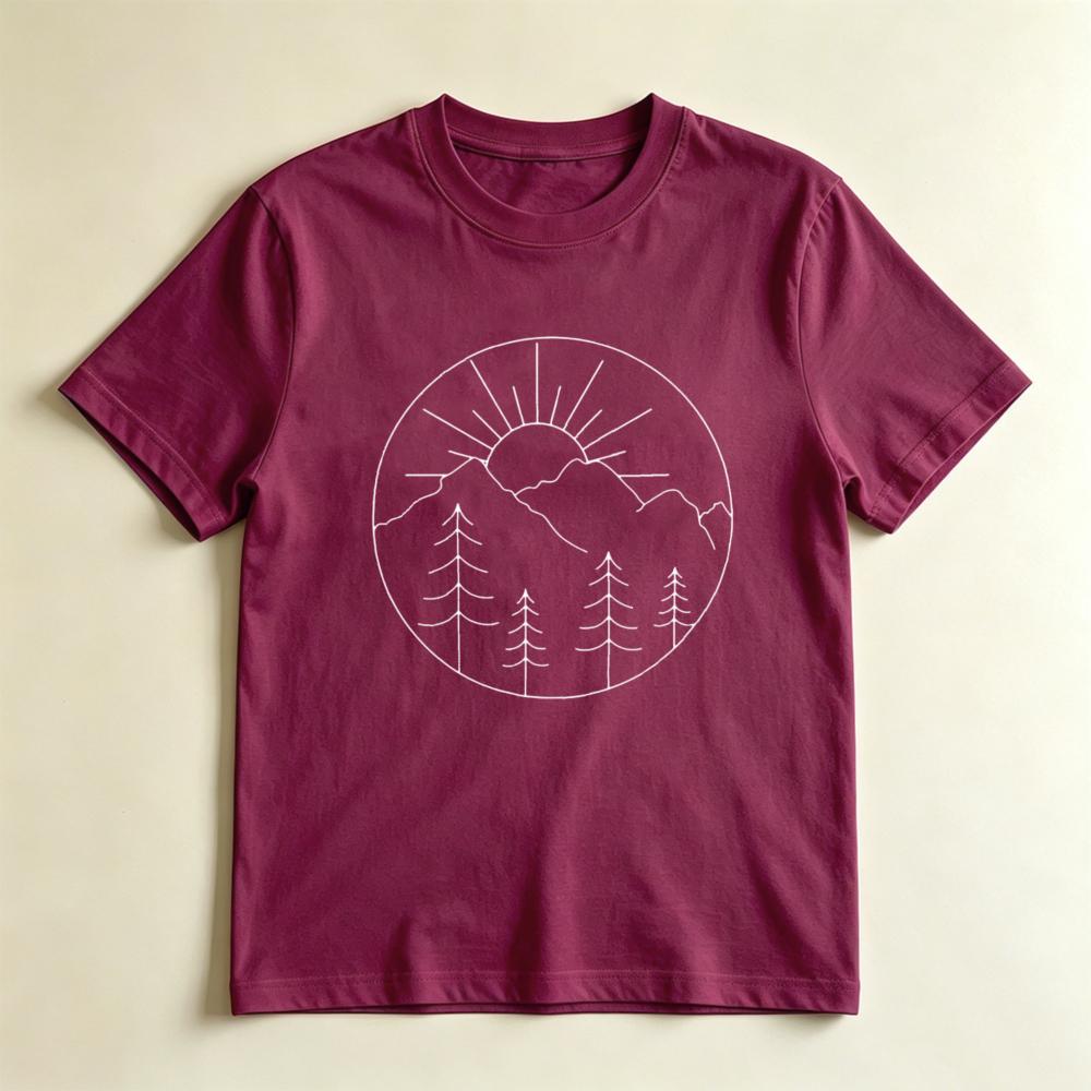 Minimal Mountain Sun Tee Simple Line Art Nature Graphic Tshirt Nature Lover Gift Tshirt Unisex Crewneck Cotton Short Sleeve