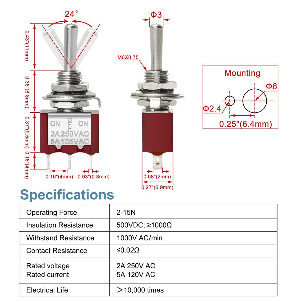 Heschen Миниатюрный тумблер мгновенного действия MTS-123, (ON)-OFF-(ON) SPDT, 3-контактный, 2 А 250 В, 5 А 120 В, упаковка из 5 шт.