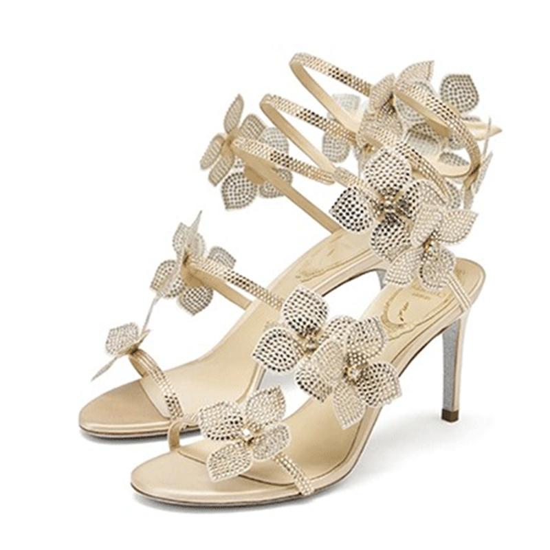 Liyke Модный дизайн Кристалл Цветы Ремешок на щиколотке Золотые босоножки Женские сексуальные Открытые Носки Стразы Высокие Каблуки Свадебные Банкетные Туфли