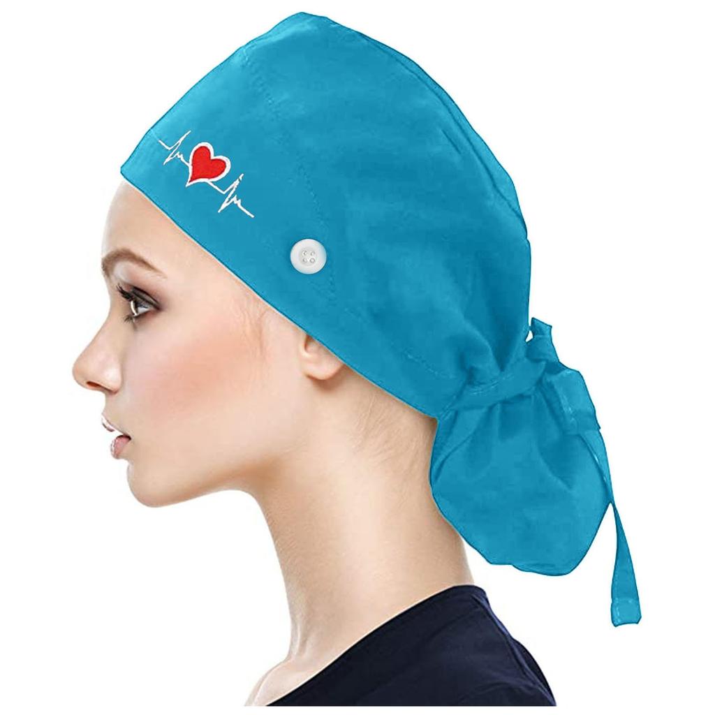 Scrub Cap With Buttons Bouffant Print Hat With Sweatband for Womens and Mens