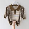 Женский свитер с рукавом до середины плеча из ледяного шелка, летний, высококлассный, полосатый, с отложным воротником, модный, высококлассный, футболка-поло, топ
