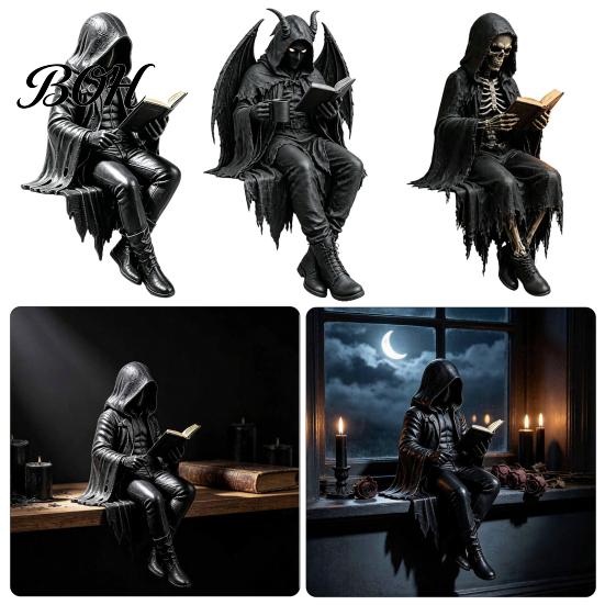 Unique Book Holder Sitting Skeleton Bookend Ornament, Matte Black Dark Hooded Figure Elegant Bookshelf Ornament for Desktop Study Room, Industrial