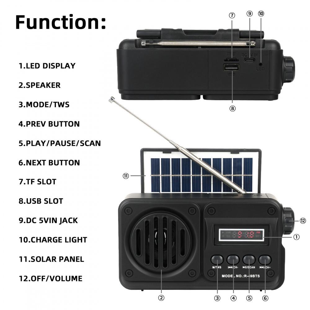 Солнечная батарея, вставная бас-карта, высококачественный звук, Bluetooth-динамик, FM-радио с автоматическим поиском каналов