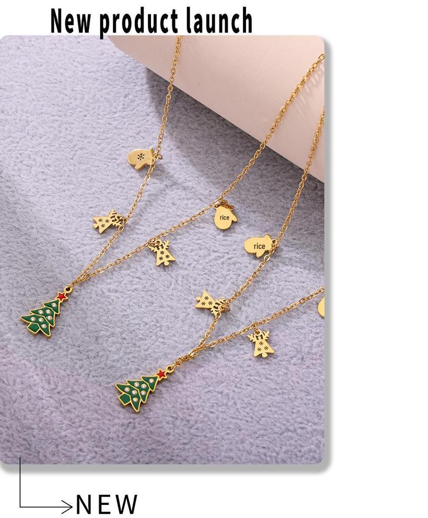 Xinyixin Christmas Green Zircon Reindeer & Tree Pendant Necklace