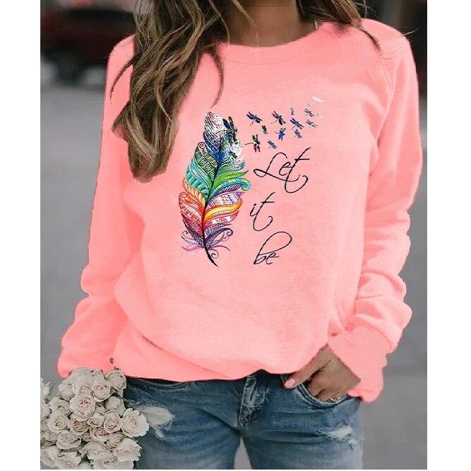 Новая зимняя мода женская одежда с принтом перьев повседневная толстовка с длинным рукавом футболка женская круглая горловина пуловер свитер