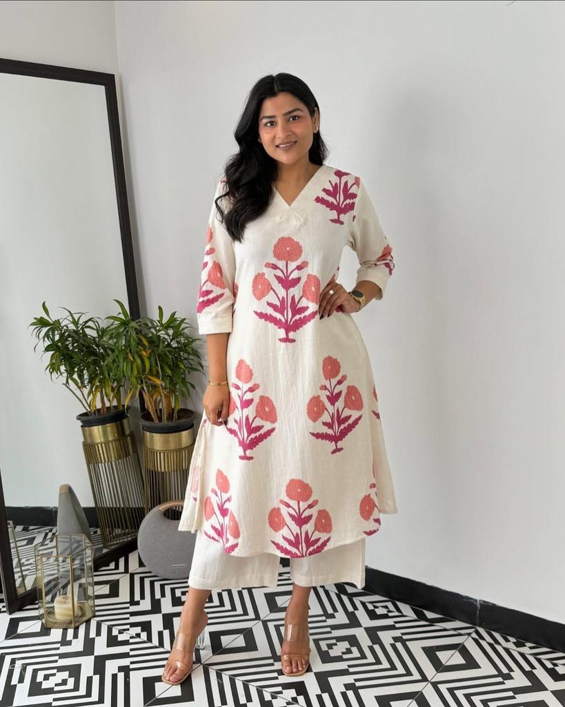 Indian Designer Cotton Cord Set Women Bollywood Party Wear Top Tunic Kurta Pant Set Dress