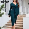 Сплошной цвет с v-образным вырезом, осеннее и зимнее новое платье с тонким разрезом и длинными рукавами с талией
