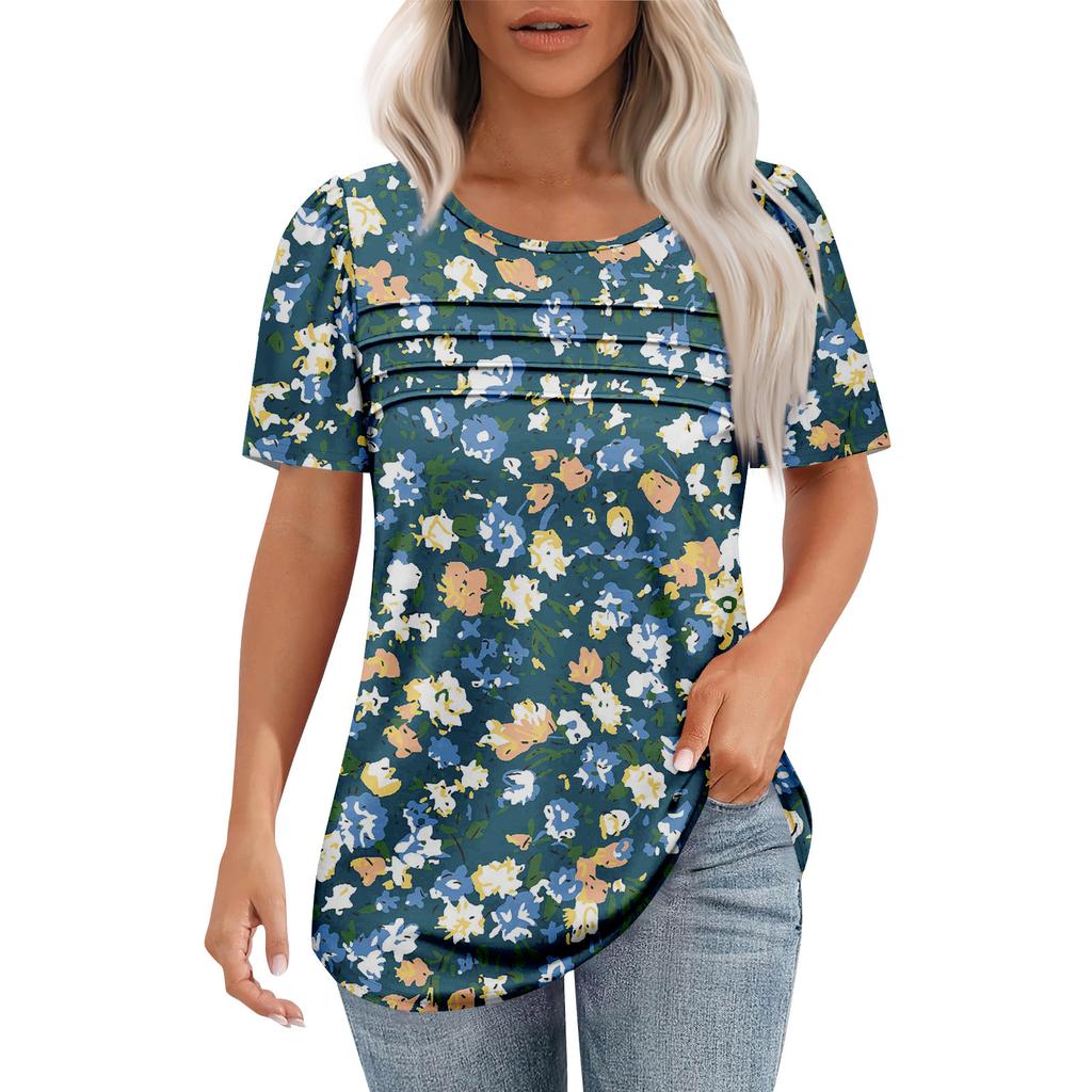 Ladies' Fashionable Printed Round Neck Pleated Short Sleeved Shirt