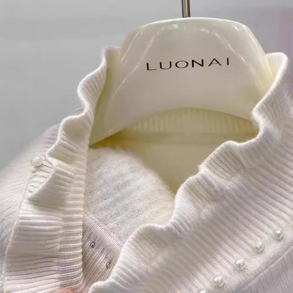 Утолщенный бархатный свитер, женский вязаный свитер с деревянными ушками и бусинами, однотонный, теплый, с внутренней флисовой толстовкой